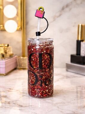 Dior Red & Gold Glitter Tumbler with Pink Charm Straw